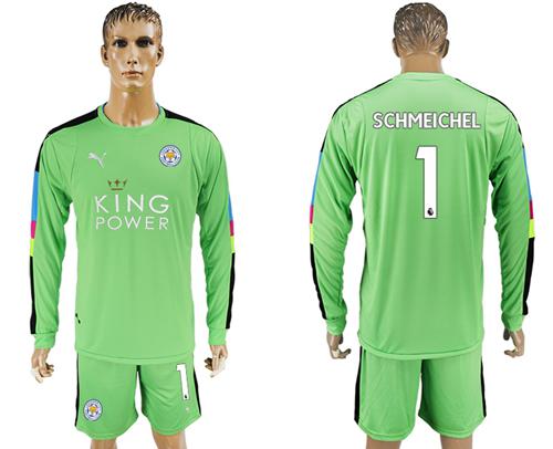 Leicester City #1 Schmeichel Green Goalkeeper Long Sleeves Soccer Club Jersey - Click Image to Close